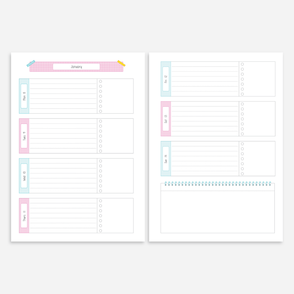 weekly diary planner horizontal and boxed layout